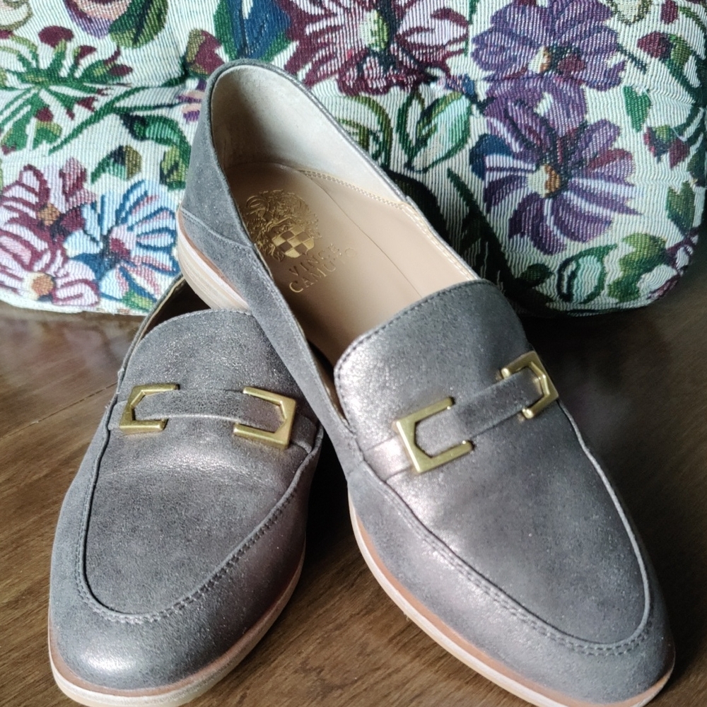 Vince Camuto Metallic Gray Loafers with Gold Buckles